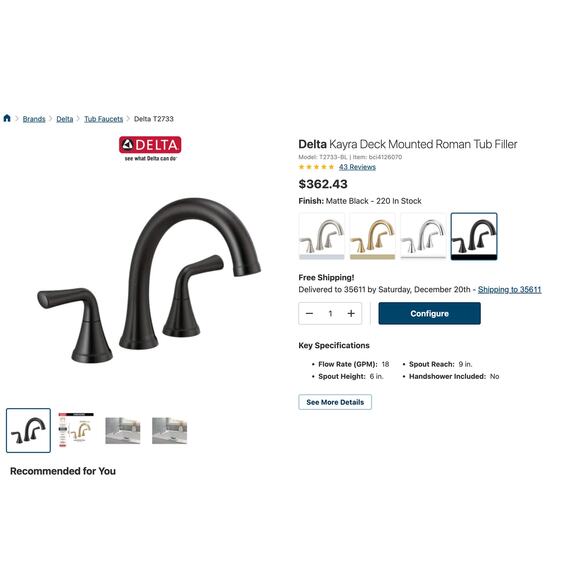 Delta Kayra Roman Tub Faucet Trim Matte Black T2733-BL New Open Box - Picture 9 of 11